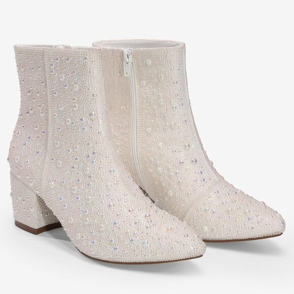 Yayone Zipper Sparkly Ankle Boots Women Size (6.5 X 10) White Fabric Rhinestone - Picture 3 of 7